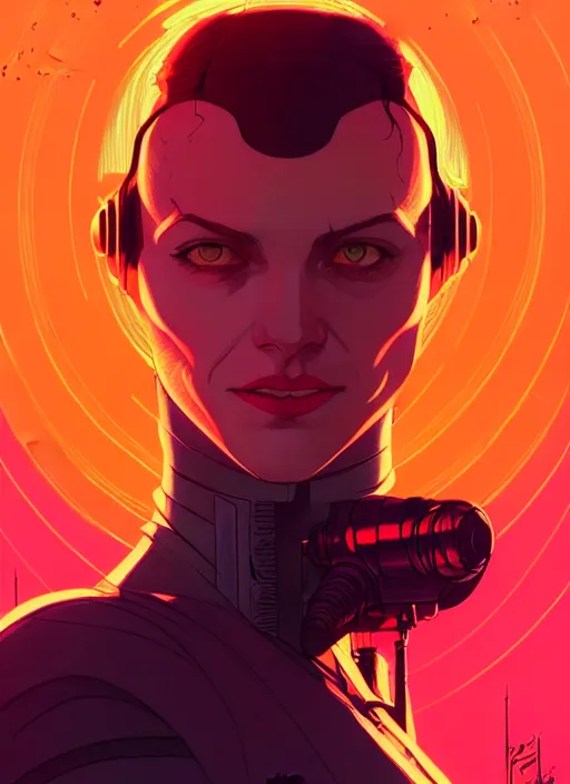 Image similar to Rafeal Albuquerque comic art, Joshua Middleton comic art, cinematics lighting, sunset colors, pretty female cyberpunk space pirate, big smirk, symmetrical face, symmetrical eyes,full body, in a field, sunset