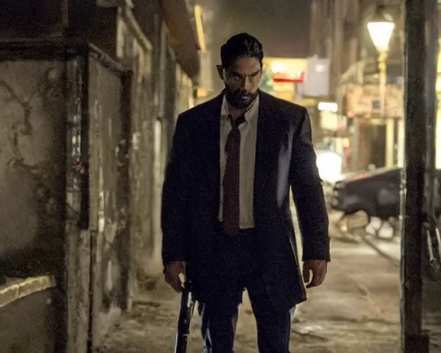 Image similar to in this scene from david chase's hbo miniseries the outfit, a supernatural mafia crime thriller about magical monster - hunting mafiosi in 9 0 s philadelphia, the main character ( joe manganiello ) is confronted in a dark alley by a werewolf. realistic hd 8 k film photography, modern horror cgi vfx.