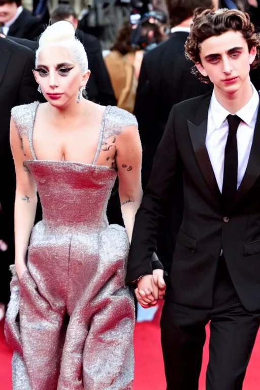 Image similar to timothee chalamet and lady gaga holding hands on the red carpet, beautiful detailed faces, canon eos