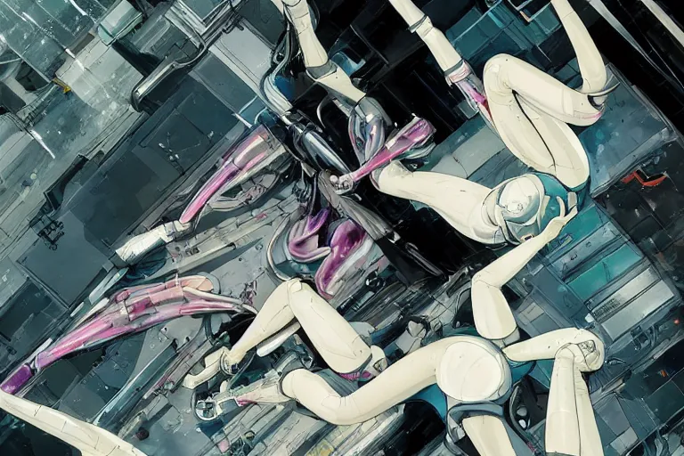 Image similar to a finely composed cyberpunk illustration of a group of white female androids' in style of hajime sorayama, lying scattered over an abstract, empty, white floor, by masamune shirow and katsuhiro otomo, hyper-detailed, colorful, view from above, wide angle, close up, spacious