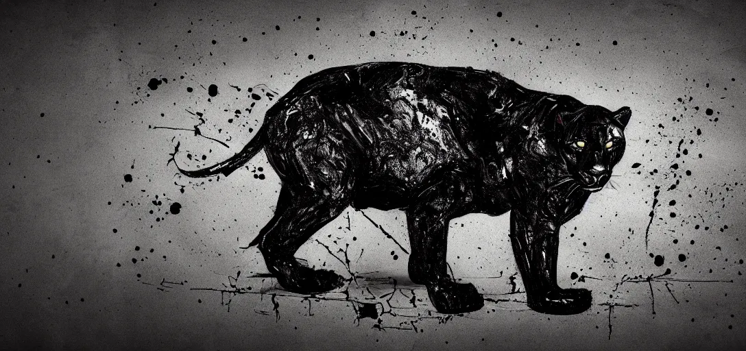 Prompt: a panther, made of tar, sticky, full of tar, covered with tar, dripping tar, dripping tar, splattered tar, sticky tar. concept art, reflections, black goo, animal drawing, desktop background, in the suburban backyard