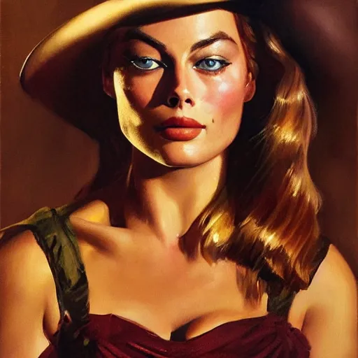 Prompt: ultra realistic portrait painting of margot robbie in an old western, art by frank frazetta, 4 k, ultra realistic, highly detailed, epic lighting.