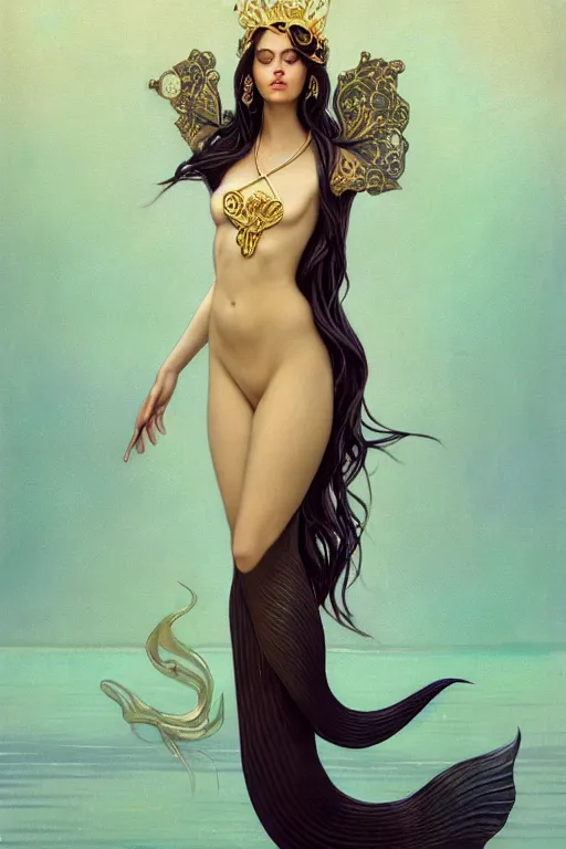 Prompt: a beautiful dark androgynous mermaid, pinup pose, long hair, tall and thin, wearing dozens of pendants and a gown of gold, small delicate crown of the sea on her head, illustration, dramatic lighting, soft details, painting oil on canvas, (art nouveau), octane render, HDR, 4k, 8k, HD, by Tom Bagshaw, Brom, Charlie Bowater, faces by otto schmidt