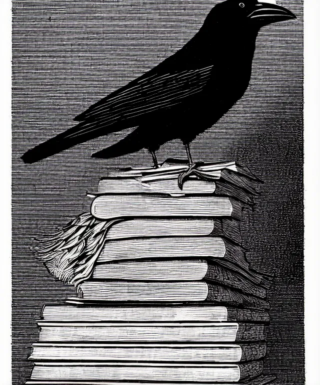 Image similar to crow perched on top of a stack of books, art by james o barr and albrecht durer, woodblock print, engraved, black and white, vector, vector art