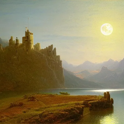 Prompt: an exceptional oil landscape painting of a medieval castle on a beautiful landscape with lake, forest, jagged mountains in the distance, the moon is ultra high resolution in the sky, high resolution albert bierstadt