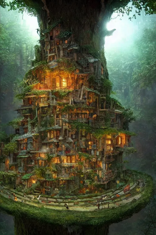 Image similar to a miniature city built into the trunk of a single colossal tree in the forest, with tiny people, in the style of craig mullins, lit windows, close - up, low angle, wide angle, awe - inspiring, highly detailed digital art