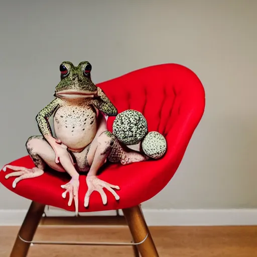 Image similar to A toad seated on an amanita-colored chair, a frog in a relaxing pose manspreading on a toadstool, chair with a red polka dot pattern