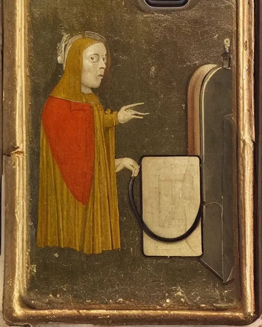 Image similar to a 1 5 th century medieval oil painting of a an iphone on a wireless charger, c. 1 4 7 8. high quality scan