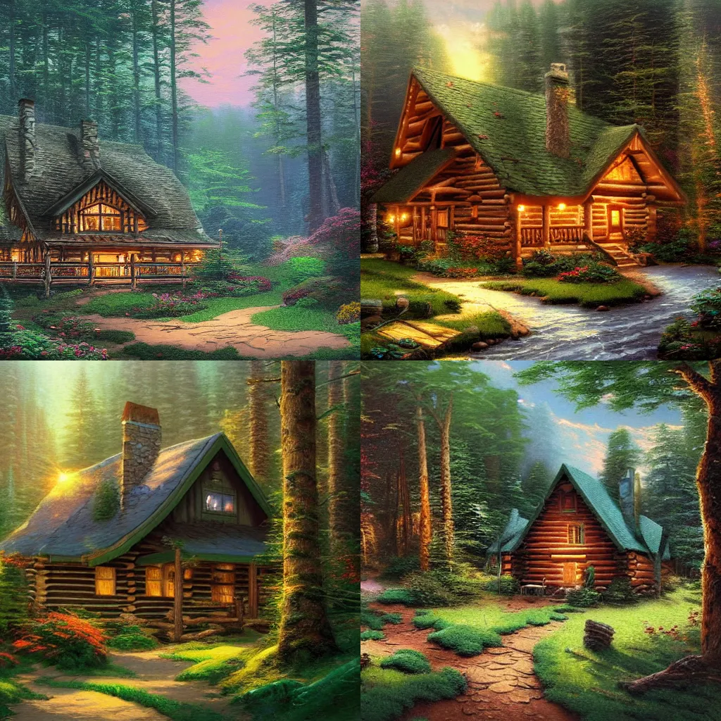 Prompt: a log cabin in a thick forest, artstation, Thomas Kinkade