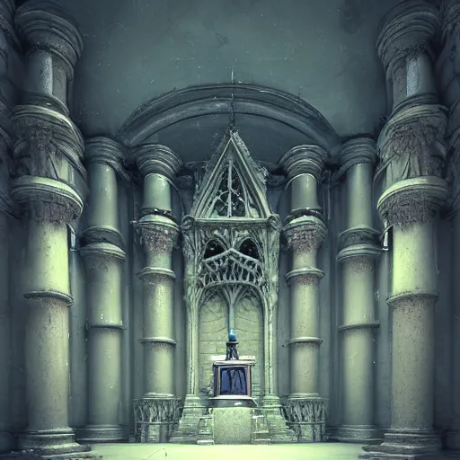 Prompt: beautiful gothic high court room, epic fantasy, 3d with depth of field, blurred background, female, nautilus. A highly detailed epic cinematic concept art CG render. made in Maya, Blender and Photoshop, octane render, excellent composition, cinematic dystopian brutalist atmosphere, dynamic dramatic cinematic lighting, aesthetic, stylized, very inspirational, Koda Kazuma, Hidetaka Miyazaki, Tetsuya Nomura, Yusuke Murata