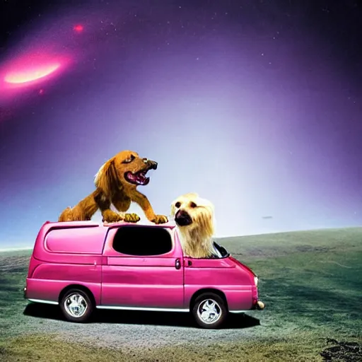 Image similar to national geographic picture of the dumb and dumber dog van entering the atmosphere