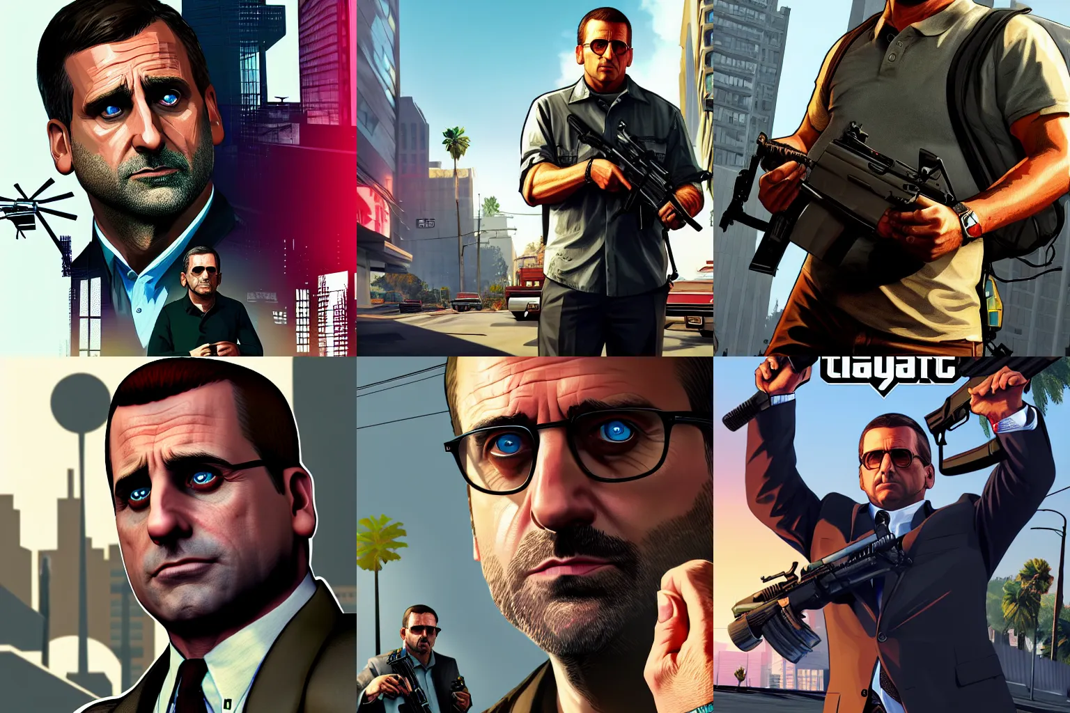 Prompt: Steve Carell in Grand Theft Auto 5 covert art, epic, 4k resolution, extremely detailed, very sharp, artstation, digital art, vibrant