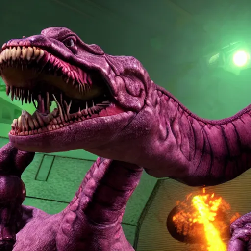 Prompt: screenshot of barney the dinosaur appearing in doom 2016