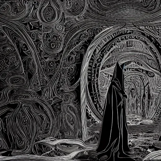 Prompt: a dark figure in a flowing robe haunts the end of time, featured, detailed, 4k, intricate lines