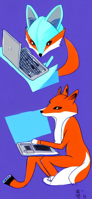 Prompt: an sketch art of anthropomorphic fox in a blue hoodie hacking a portable computer by gainax studio, artstation, digital art, oc commission, high detailed, stylised