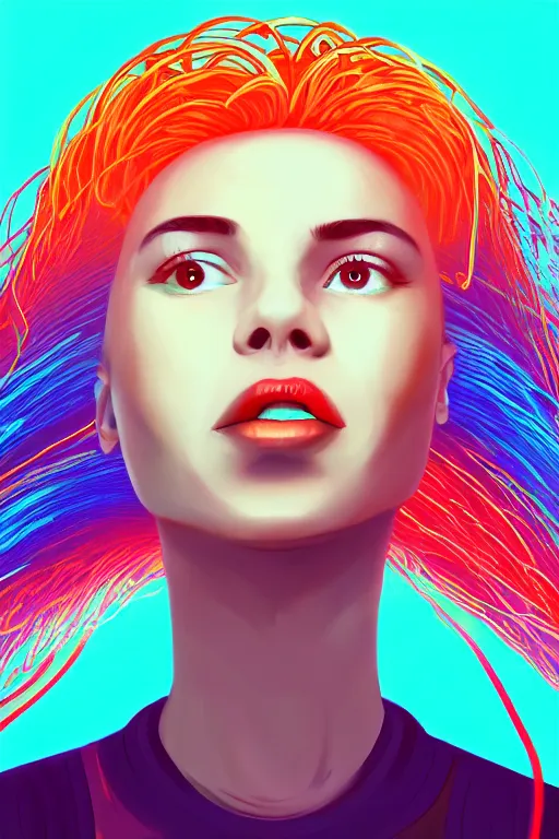Prompt: a award winning half body portrait of a beautiful woman with stunning eyes in a croptop denim jacket and cargo pants with ombre red orange teal hairstyle head in motion and hair flying while dancing by thomas danthony, surrounded by whirling illuminated lines, outrun, vaporware, shaded flat illustration, digital art, trending on artstation, highly detailed, fine detail, intricate