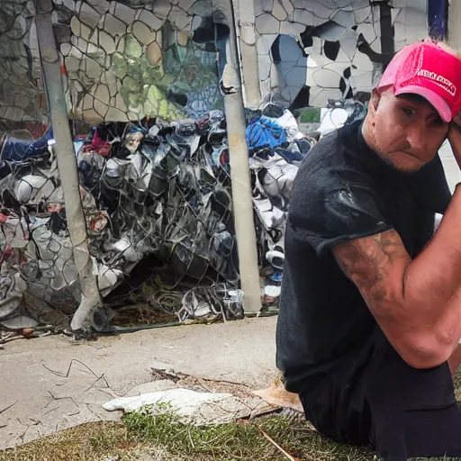 Image similar to homeless trump in a homeless camp, wearing cheap dirty clothes and maga hat, dirty