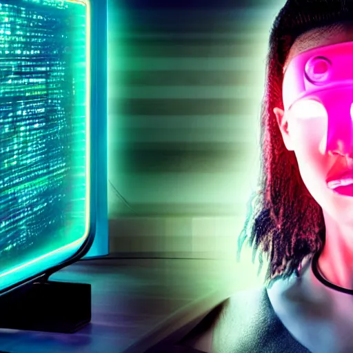 Image similar to a cyberpunk woman with a head fully replaced by a TV that glows pink