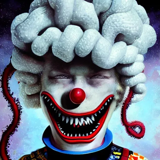 Prompt: highly detailed portrait of a possessed astronaut ((Ronald McDonald)) (((((Ronald McDonald)))) with eldritch lovecraftian tentacles by Dustin Nguyen, Akihiko Yoshida, Greg Tocchini, Greg Rutkowski, Cliff Chiang, 4k resolution, nier:automata inspired, bravely default inspired, vibrant but dreary red, black and white color scheme!!! ((Space nebula background))