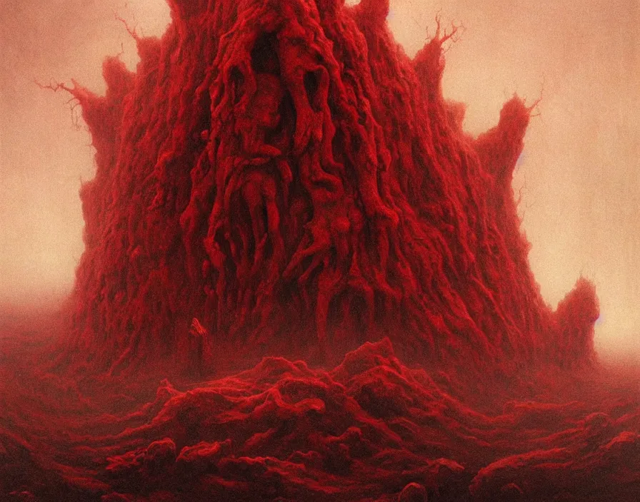 Prompt: A nightmarish hellscape full of cosmic horrors and indescribable phenomena, by Zdzisław Beksiński and Greg Rutkowski, horror, blood red, cinematic, highly detailed, 8k