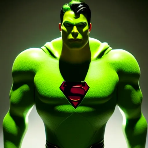 Image similar to still photo of green superman, highly detailed, photorealistic portrait, bright studio setting, studio lighting, crisp quality and light reflections, unreal engine 5 quality render