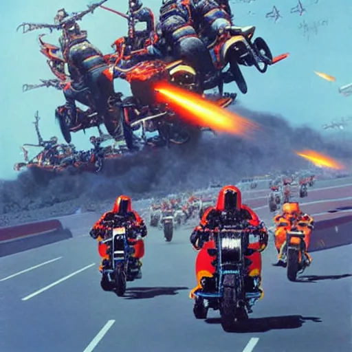 Image similar to motorbikers race in hell, art by chris foss, john harris, beeple, wayne barlowe