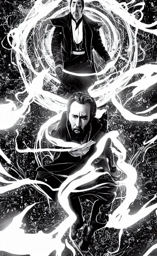 Prompt: nicolas cage as Doctor Strange, cinematic lighting, volumetric lighting, style of mcbess + Laurie Greasley, symmetric lights and smoke, , glowing particles, fractal smoke