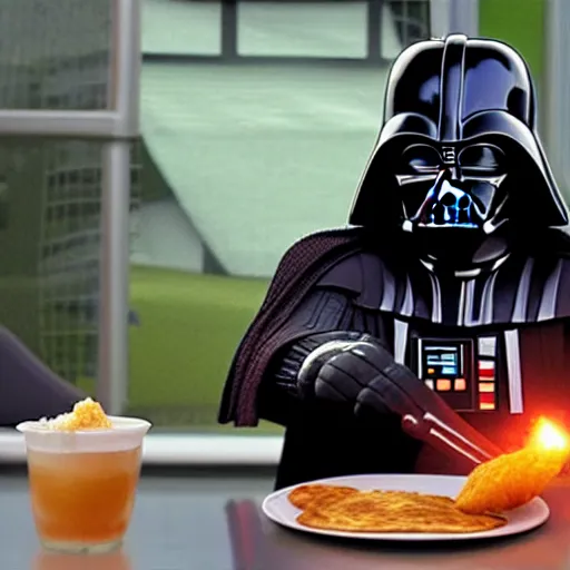 Image similar to A still of Darth Vader eating arepas, 4k, photograph, ultra realistic, highly detailed, professional lighting