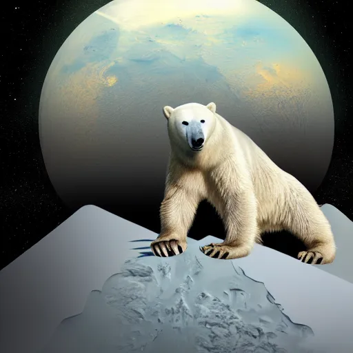 Prompt: polar bear on iceberg in mars, outer space drinking beer, planet mars, photorealistic, high resolution,, trending on deviantart, hdr, hyper detailed, insane details, intricate, elite, ornate, dramatic lighting