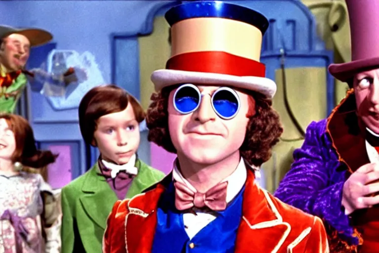 Prompt: Film still of Stephen Fly as Willy Wonka in Willy Wonka and the Chocolate Factory 1971