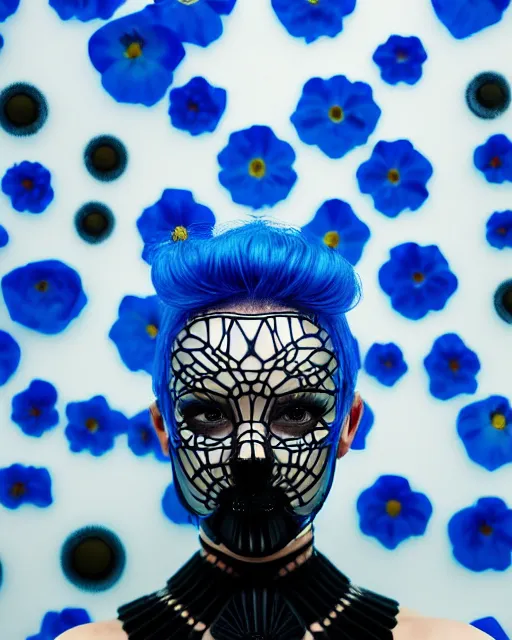 Image similar to symmetrical close - up portrait of a woman wearing a translucent silicone beauty mask and blue hair, wearing a black bodysuit by alexander mcqueen, standing in a room full of plastic translucent flowers, black background, soft diffused light, biotechnology, humanoide robot, bjork aesthetic, translucent, intricate details, highly detailed, masterpiece,