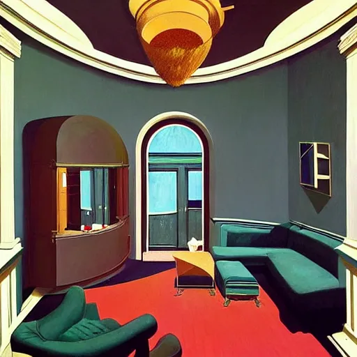 Image similar to art deco living room, open ceiling, highly detailed, very coherent, painted by Francis Bacon and Edward Hopper, Wayne Barlowe, painted by James Gilleard, surrealism, airbrush, art by JamesJean