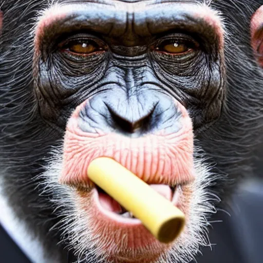 Image similar to a high detail shot of a chimp wearing a suit and smoking