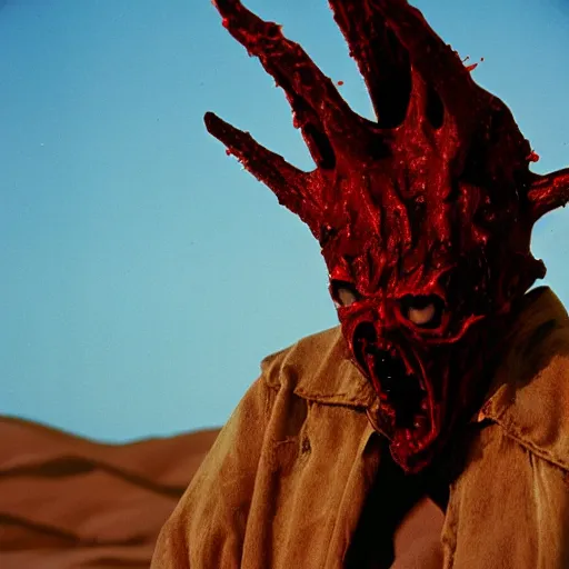 Image similar to in the desert a bloody horrifying The Thing monster , mid day, 35mm photography, realistic,