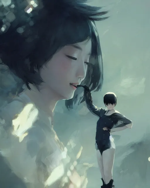 Image similar to a singer young japanese woman with very short hair looking to the skies, cinematic lighting, dramatic atmosphere, artwork by dustin nguyen, akihiko yoshida, greg tocchini, greg rutkowski, cliff chiang, 4 k resolution, trending on artstation,