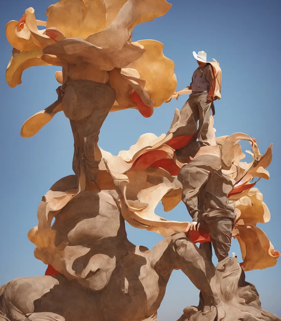 Image similar to a cowboy turning into blooms by slim aarons, by zhang kechun, by lynda benglis. tropical sea slugs, angular sharp tractor tires. complementary colors. warm soft volumetric dramatic light. national geographic. 8 k, rendered in octane, smooth gradients. sculpture by antonio canova. red accents.