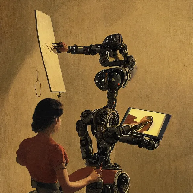Image similar to robot artist painting a self - portrait on a canvas. intricate, highly detailed, digital matte painting, in the style of alexandros pyromallis, and in the style of boris groh, and in the style of hans thoma, and in the style of gil elvgren. irony, recursion, inspiration.