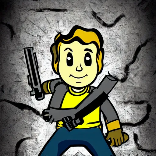 Prompt: digital art cold war poster of vault boy from fallout 3 game,