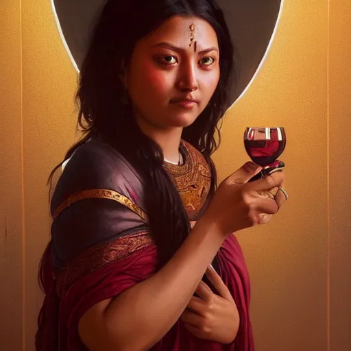 Prompt: painting of a dark nepali female drinking red wine, big eyes, fat, ultra realistic, concept art, intricate details, eerie, highly detailed, photorealistic, octane render, 8 k, unreal engine. art by artgerm and greg rutkowski and alphonse mucha