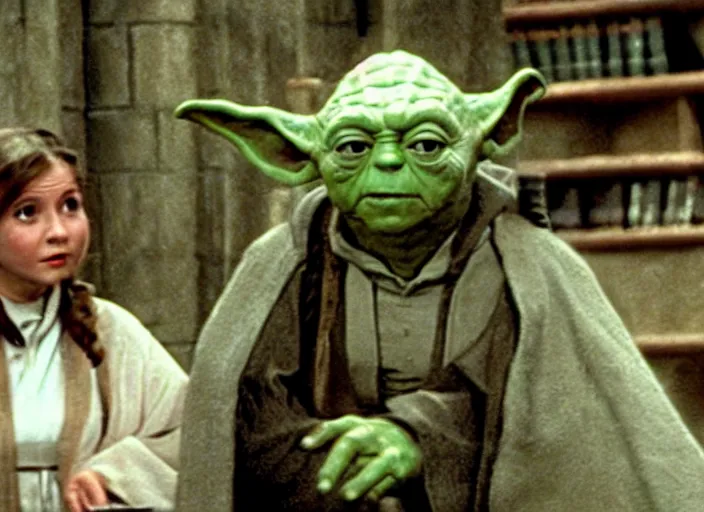 Prompt: a film still of the professors yoda and leia teaching a class in harry potter