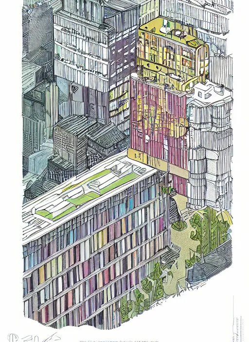 Prompt: a john sterling axonometric copic maker illustration by madelon vriesendorp