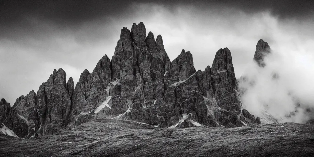 Image similar to cloudkrampus, dolomites, pastures, alps, alp, star rain, dark, eerie, despair, 1 9 2 0 s photography, black and white, grainy, eerie, artstation, highly detailed, sharp focus, by cronneberg