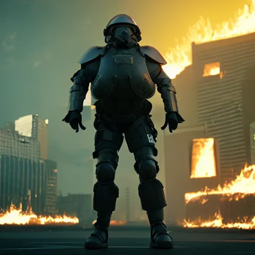 Prompt: Heavily armored soldier with a shield riding a hoverboard with several buildings on fire behind him, cinematic lighting, highly detailed, 8k octane render