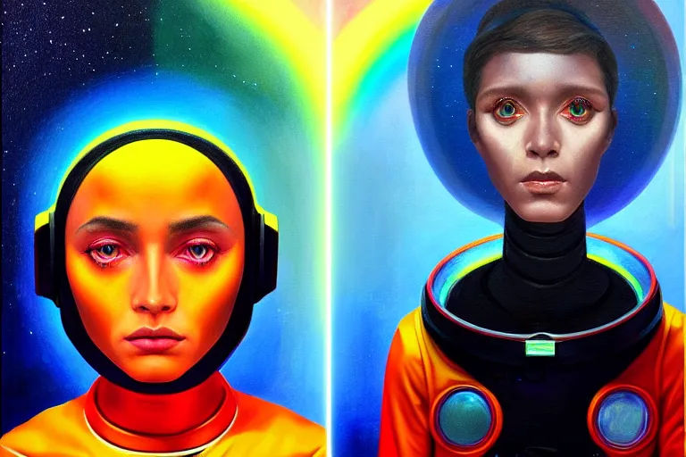 Image similar to patron saint of 🛸🌈👩🏾, futuristic astronaut jumpsuit, neon god of city character portrait, in the style of margaret keane, moebius, tom bagshaw, and waterhouse, cinematic lighting, beautiful, elegant, oil painting,