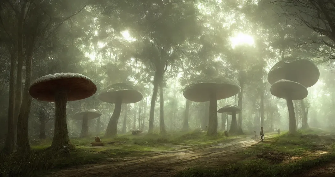 Prompt: road in a forest, giant mushrooms and victorian machinery, morning light, mist, highly detailed, fantasy art, 1 9 9 5 myst engine