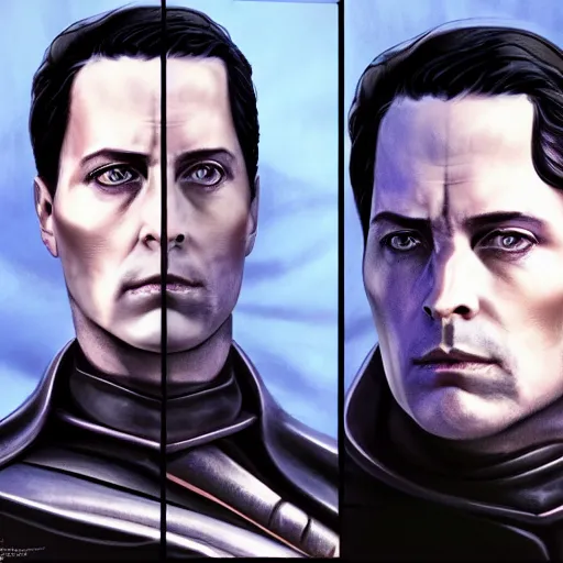 Image similar to realistic paul atreides emperor of the known universe, perfect dramatic and dark portrait by rabbitary b, trending on artstation, deviantart, dune, low angle oil painting and composition laws, dark foggy background, masculine man with thin lines on the face, completely blue eyes, denis villeneuve cinematography