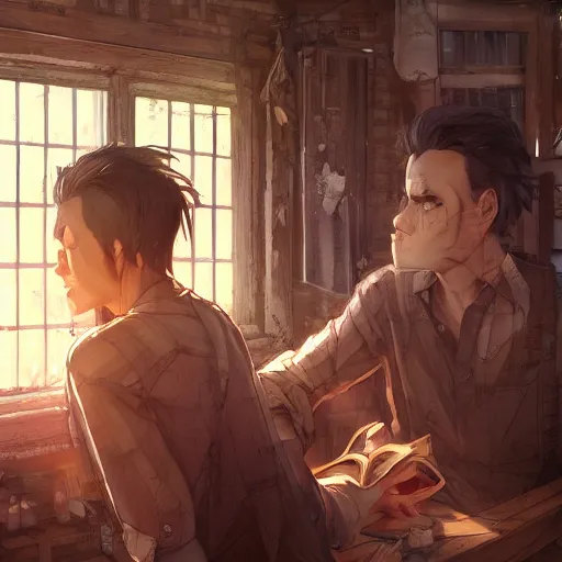 Image similar to two husbands leave each other inside a big wooden broken house by Stanley Artgerm Lau, WLOP, Rossdraws, James Jean, Andrei Riabovitchev, Marc Simonetti, Yoshitaka Amano, ArtStation, CGSociety, highly detaild 4K, cinematic style, studio light