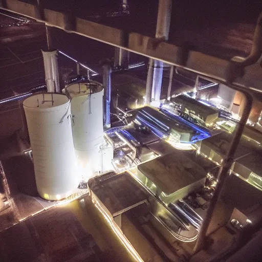 Prompt: photo of an inside nuclear power plant at night birdseye view inception cinematic