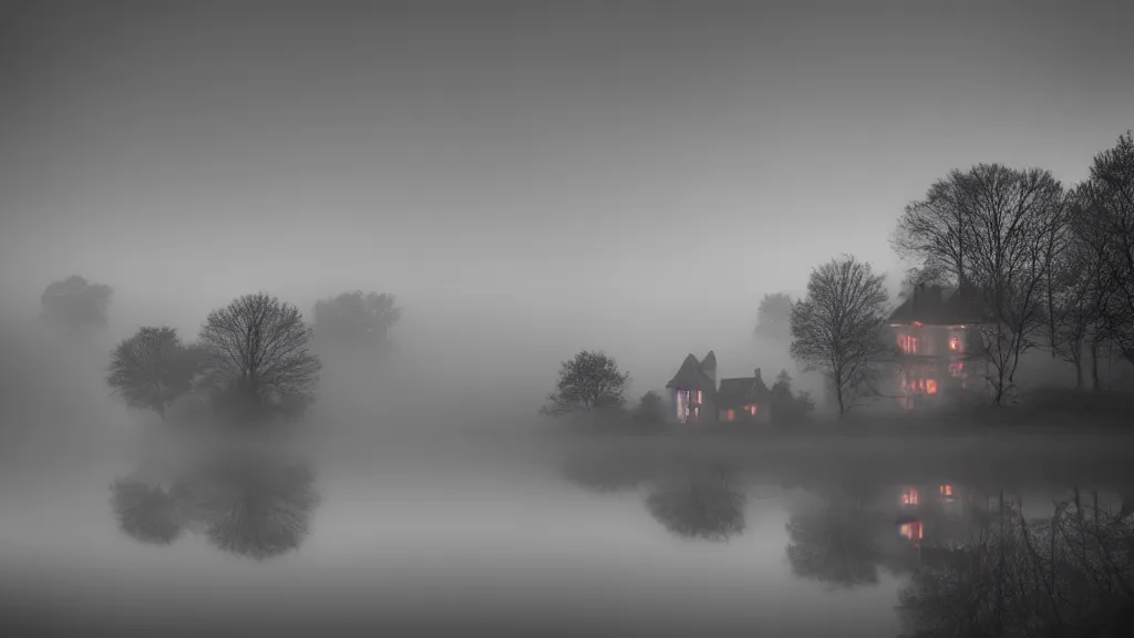 Image similar to village with beautiful houses in the fog on the lake, fog, volumetric lighting, mystique, atmospheric, conept art, sharp focus, ultra detailed, noir arthouse, 4 k, cinematic, 3 5 mm