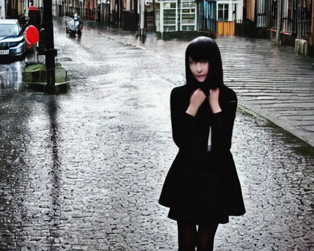 Image similar to poor quality digital photo of an emo girl, black hair, sunny day after rain, british street, 2 0 0 7